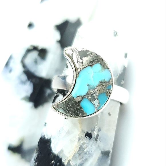 Sterling Silver Turquoise and Pyrite Crescent Moon Ring Size 7 - Picture 9 of 16
